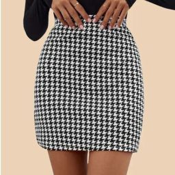 BUYNEWTREND Black & White Houndstooth Print Pencil Skirt-image-26