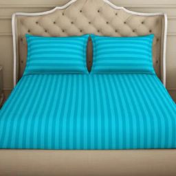 Spaces Stripe Blue 210 TC Cotton Queen Bedsheet with 2 Pillow Covers-image-2