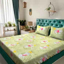 Klotthe Green Cotton Printed 400 TC King Flat Bedsheet with 2 Pillow Covers-picture-37