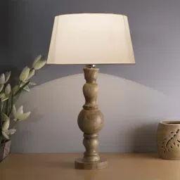 Homesake Beige Hand Turned Wooden Bedside Bubble Table Lamp with White Shade - Set of 1-3