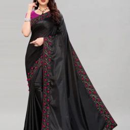 Satrani Black Solid Saree With Unstitched Blouse Piece-image-18