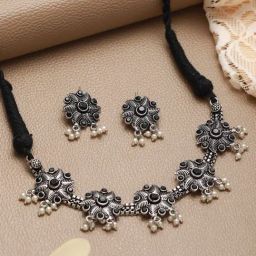 Aatmana Oxidised Silver-Tone Black & White Stone Studded Floral Necklace Set for Women-7