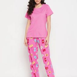 Clovia Pink Printed Top With Pyjamas-image-60