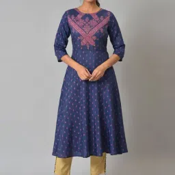 W Navy Printed A Line Kurta-picture-12