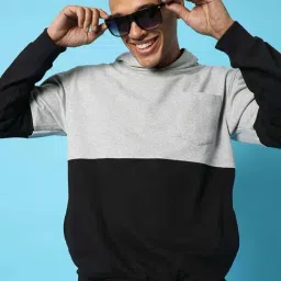 Campus Sutra Grey & Black Cotton Regular Fit Colour-Block Hooded Sweatshirt-picture-33