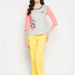 Clovia Grey & Yellow Printed Top With Pyjamas-picture-3