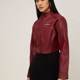 Nuon by Westside Burgundy Text Embossed Faux-Leather Jacket-picture-17