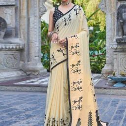 Satrani Pastel Yellow Pure Cotton Printed Saree With Unstitched Blouse-image-95