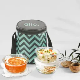 Allo Microwave Safe Glass Lunch Box with Detachable Lock with Chevron Mint Bag (400ml x 3)-image-14