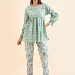 Sweet Dreams Green Cotton Printed Tunic Pyjama Set-picture-0