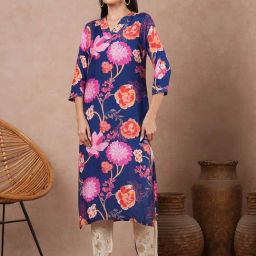 Fashor Blue Viscose Rayon Floral Three-Quarter Sleeves Kurta-image-48