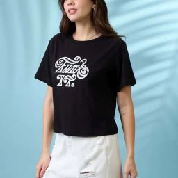 Globus Women Black Graphic Print Round Neck Short Sleeves Oversized T Shirt-46
