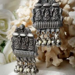 Moedbuille Ghungroo and Pearls Tasselled Design Oxidised Silver Plated Handcrafted Antique Earrings-45