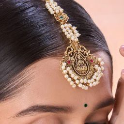 Abdesigns Gold-Tone Plated Ellite Kempstone Studded Temple Maang Tikka Headpiece-image-59