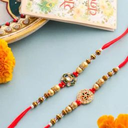 NVR Men Red & Gold Floral Design Stones & Beads Thread Rakhi With Roli Chawal Chandan & Mishri-46