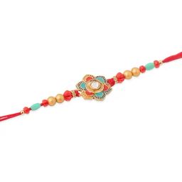 NVR Men Floral Design Red Artificial Stones & Beads Thread Rakhi With Roli Chawal Chandan & Mishri image 4