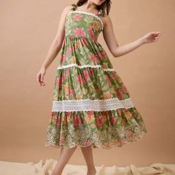 Globus Women Green Tie-Up Insert Schiffli Embroidered Hem Tiered Midi Fit & Flare Fusion Dress-image-35