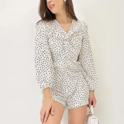 Globus Women White V-neck Bishop Sleeves Twisted Detail Polka-Dot Playsuit-picture-36
