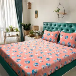 Klotthe Orange Cotton Printed 400 TC King Flat Bedsheet with 2 Pillow Covers-picture-4