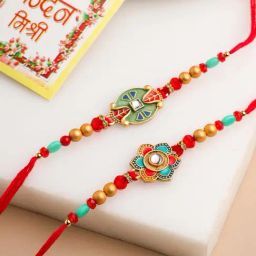NVR Men Floral Design Red Artificial Stones & Beads Thread Rakhi With Roli Chawal Chandan & Mishri-6