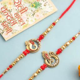 NVR Men Golden Red Religious Designer Ganesh Ji Thread Rakhi With Roli Chawal Chandan & Mishri-45