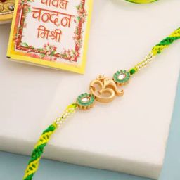NVR Men Green Kundan Studded Om Design Thread Rakhi with Roli Chawal Chandan & Mishri-64