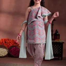 Libas Kids Girls Pink & Blue Cotton Floral Kurta Sets-image-91