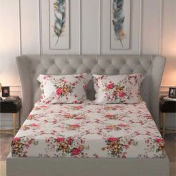 Urban Space Serene Cream & Pink Cotton 200 TC King Fitted Bedsheet With Pillow Covers-image-79