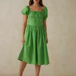 VIRGIO Green Cotton Solid Short Sleeves Dress-picture-48