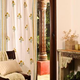 Peepul Tree Cream-Coloured & Olive Green Floral Sheer Door Curtain-67