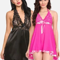 FIMS: Fashion is my Style Fuchsia & Black Lace Work Babydoll With Thong-picture-19