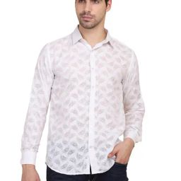 TAHVO White & Grey Cotton Slim Fit Printed Shirt-image-74