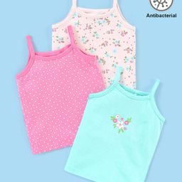 Babyhug 100% Cotton Sleeveless Antibacterial Slips Floral Print Pack of 3 - Pink Beige & Blue-picture-28