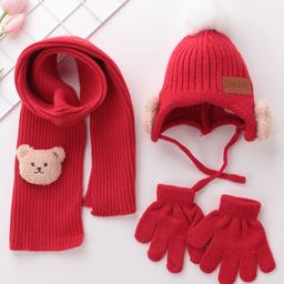Babyhug Pom Pom Acrylic Woolen Cap Muffler & Gloves Set Teddy Design - Red-image-42