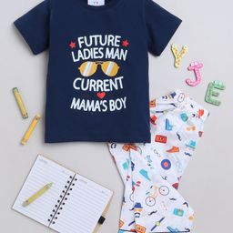 Knitting Doodles Premium Cotton Half Sleeves Mama Boy & Doodle Art Printed Tee & Pajama - Blue & White-image-69