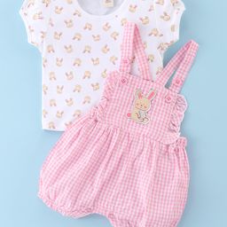 ToffyHouse Cotton Half Sleeves  Bunny Printed T-Shirt With Checked Dungaree with Applique - Pink-image-54