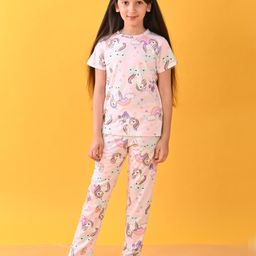 Anthrilo Cotton Knit Half Sleeves Unicorn Heart Printed Coordinating Night Suit - Pink-image-10
