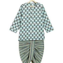 Campana 100% Cotton Full Sleeves Vintage Floral Printed Kurta With Dhoti Set - Blue & Grey-picture-10