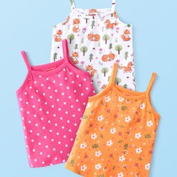 Babyhug Single Jersey 100% Cotton Knit Singlet Sleeves Antibacterial Slips With Polka Dots & Floral Print Pack of 3 - Orange White & Pink-13