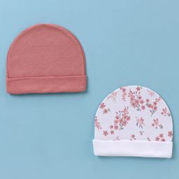 Ben Benny 100% Cotton Knit Round Solid & Floral Print Cap Pack of 2 White & Maroon - Diameter 10 cm-image-40