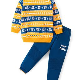 Babyhug Cotton Knit Full Sleeves T-Shirt & Lounge Pants Set With Ikat Print - Yellow & Blue-image-16