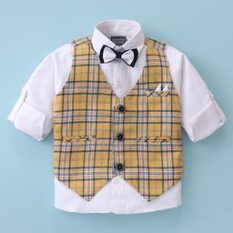 Rikidoos Full Sleeves Solid Shirt With Checked Waistcoat & Bow - Yellow & White-image-8