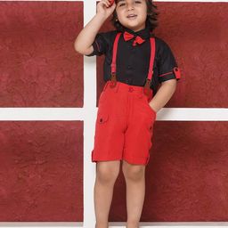 AJ Dezines Cotton Blend Half Sleeves Solid Shirt With Pant Suspenders And Bow Tie - Red-image-14