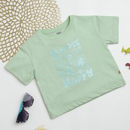 Milou Cotton Half Sleeves Choose Happy Text & Floral Printed Bio Washed Crop Top - Green-image-52