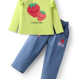 Babyhug Single Jersey Knit Full Sleeves & Jeans Set with Strawberry Text Print & Frill Detailing - Lime Green & Blue-image-79