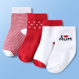 Doodle Poodle Cotton Knit Ankle Length I Love Mum & Stripe Designed Socks Pack of 4 - Red & White-image-96