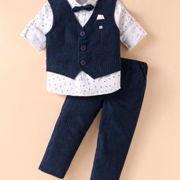 JASH KIDS Cotton Woven Full Sleeves 3 Piece Party Suit with Bow - Navy Blue-image-119