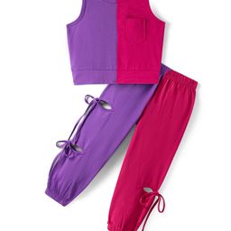 Tiara Cotton Jersey Sleeveless Colour Blocked Top With Coordinating Joggers Set - Purple & Red-image-32