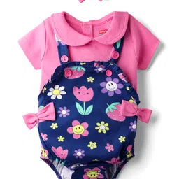 Babyhug 100% Cotton Knit Half Sleeves Floral Printed Onesie With Bow Applique & Headband - Pink & Navy Blue-picture-10