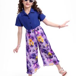 Ollington St. Cotton Knit Half Sleeves Top & Floral Printed Pleated Georgette Culotte - Voilet-picture-40